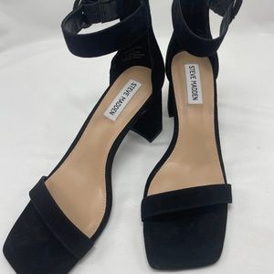 Suede ankle strap sandal with block heel